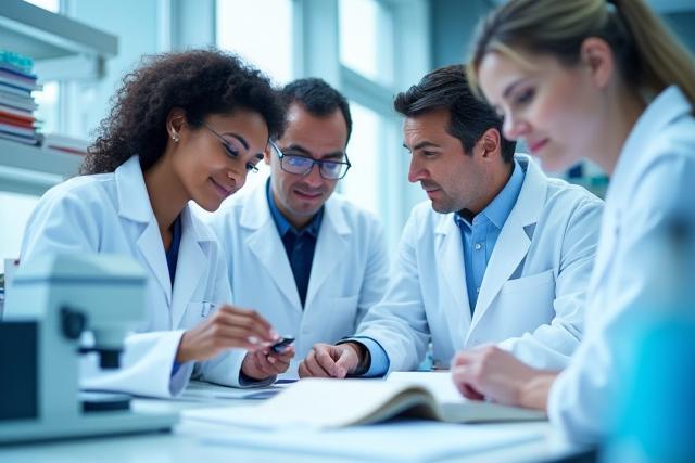 Equipo de Albor Pages colaborando en un laboratorio moderno con libros e instrumentos